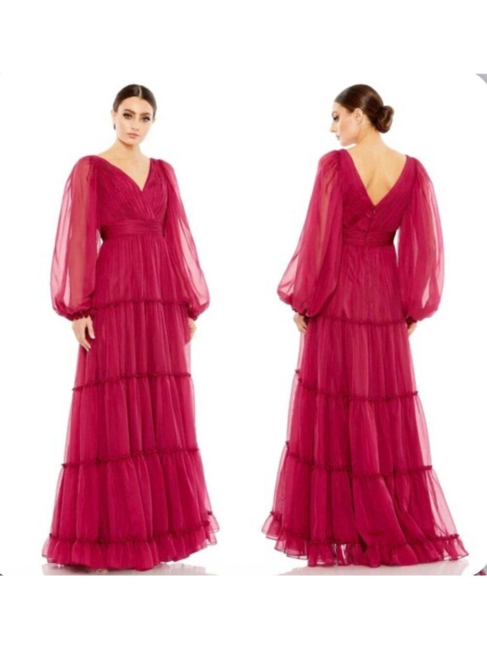 Mac Duggal Berry Ruffle Tiered Long Puff Sleeve A-Line Dress Size 20